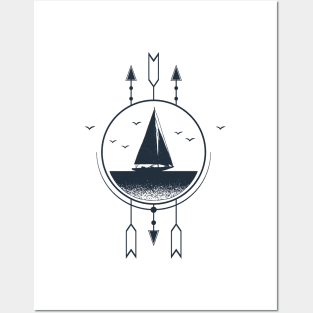 Creative Illustration In Geometric Style. Ship In The Sea. Adventure, Travel And Nautical Posters and Art